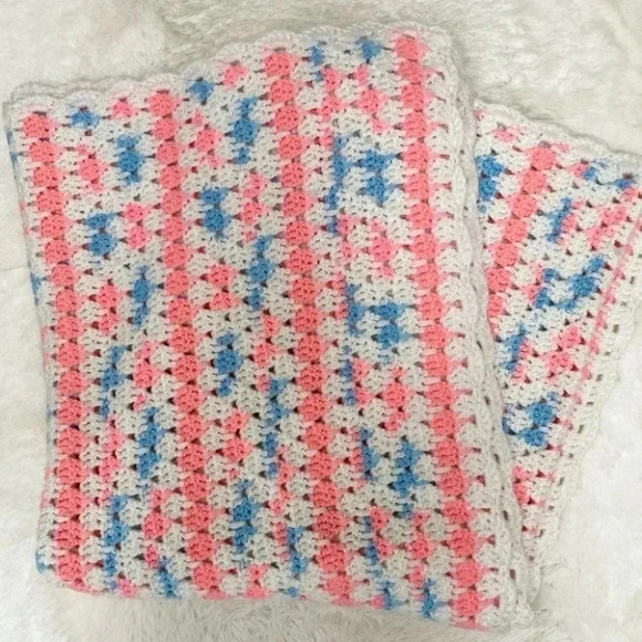 Vintage - Handmade Pastel Pink Blue White Crochet Blanket - Picture 2 of 4